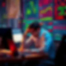 A trader looking overwhelmed at their desk filled with charts and a laptop, showing signs of stress and frustration.