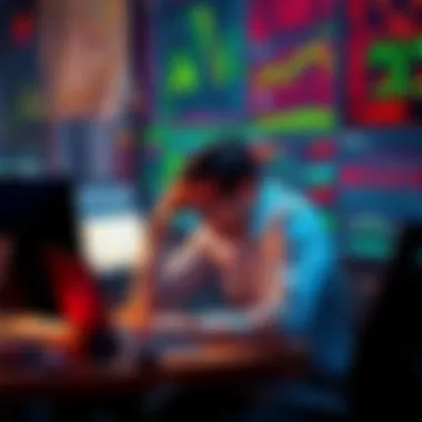 A trader looking overwhelmed at their desk filled with charts and a laptop, showing signs of stress and frustration.