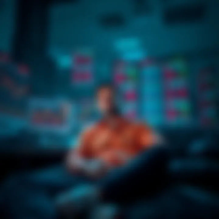 Trader sitting awake at night, surrounded by alert notifications and stock charts, showing signs of anxiety over the market's instability