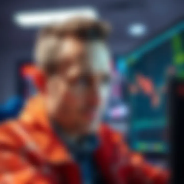 A worried trader glances at a screen showing a downward trend in cryptocurrency values, reflecting emotional distress over a portfolio drop.