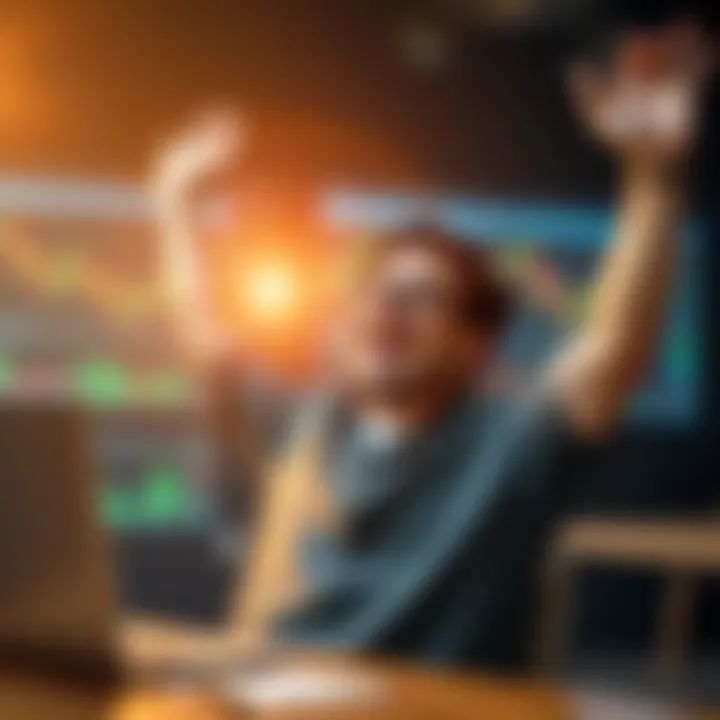 A happy person enthusiastically celebrating a significant gain from AI trading, showing excitement over their investment results, with a laptop in the background displaying trading charts.