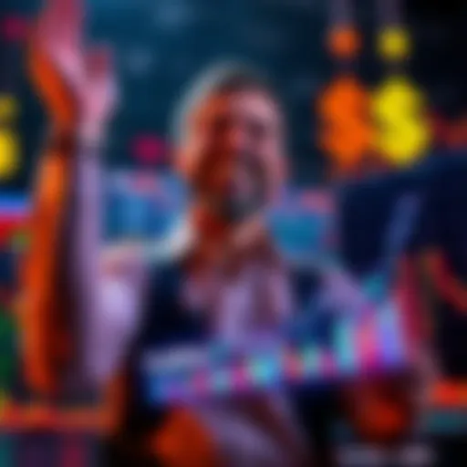 A trader smiling and holding a chart showing profits with dollar signs in the background