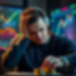 A distressed trader holding his head in frustration after losing money in the market, surrounded by financial charts and graphs showing a downturn.