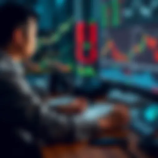 A trader sitting at a desk, writing down predictions in a notebook while analyzing market charts on a computer screen.