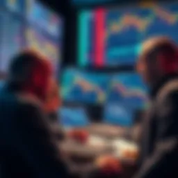 Group of traders observing Bitcoin charts and graphs on screens, discussing market patterns and trends.