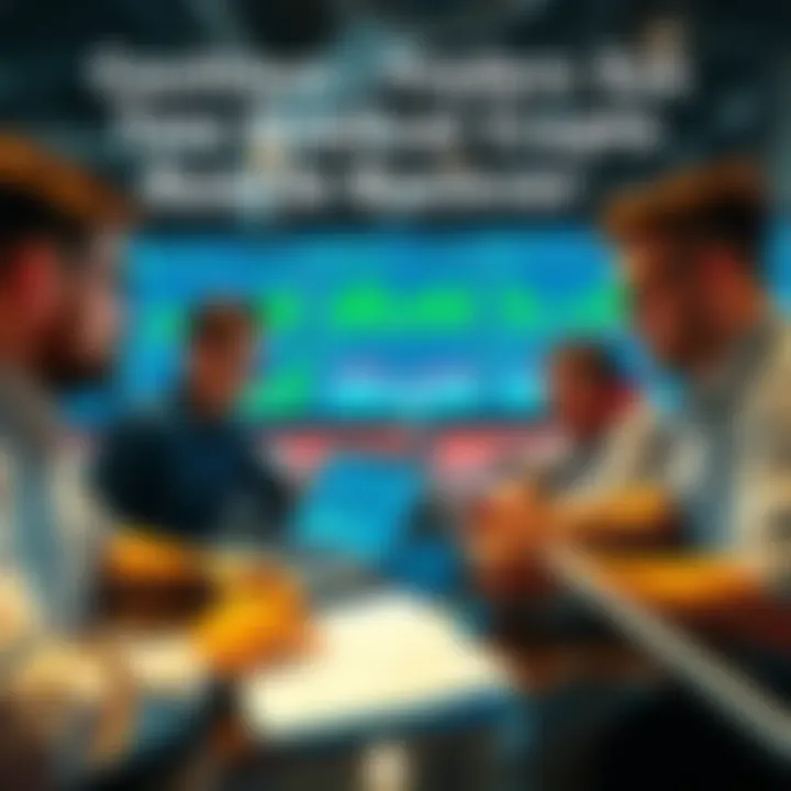 A group of traders discussing and analyzing charts and graphs showing cryptocurrency market performance with laptops and notepads