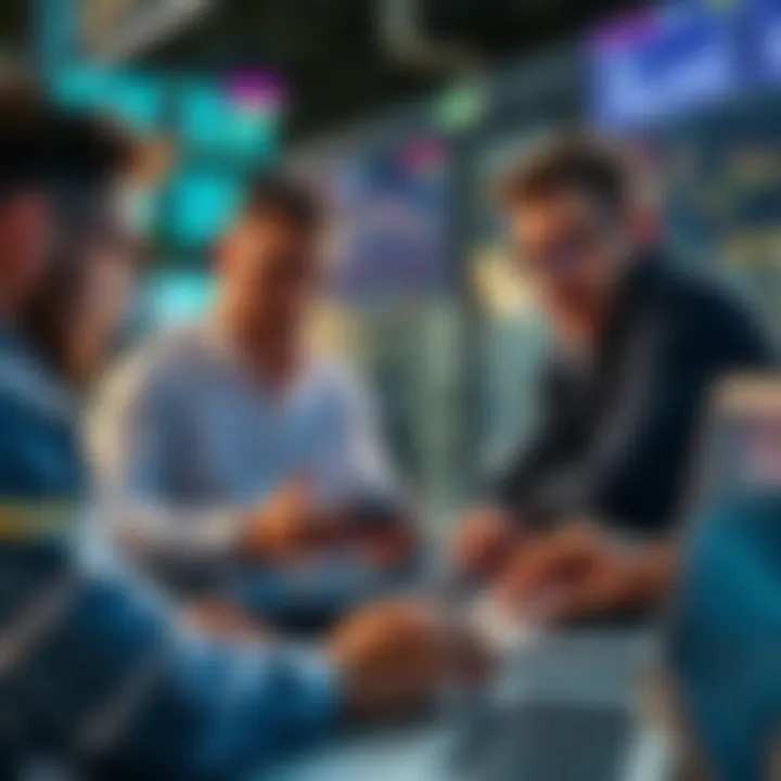 Traders Analyzing Crypto Trends A group of traders discussing current cryptocurrency investments while looking at charts and graphs on their laptops