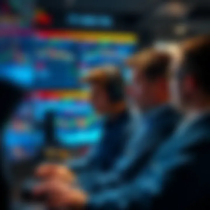 A group of traders looking at fluctuating crypto charts on screens, showing concern and analysis of market trends