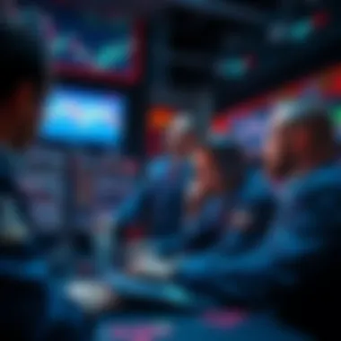 Group of traders examining futures market charts on computer screens, focused on potential profit strategies.