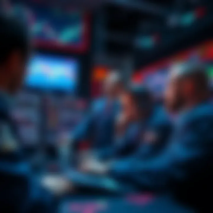 Group of traders examining futures market charts on computer screens, focused on potential profit strategies.