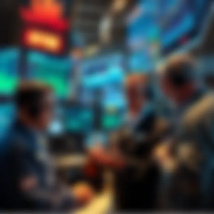 A group of traders discussing strategies while looking at stock charts on screens, focusing on selling and rebuying assets during market dips.
