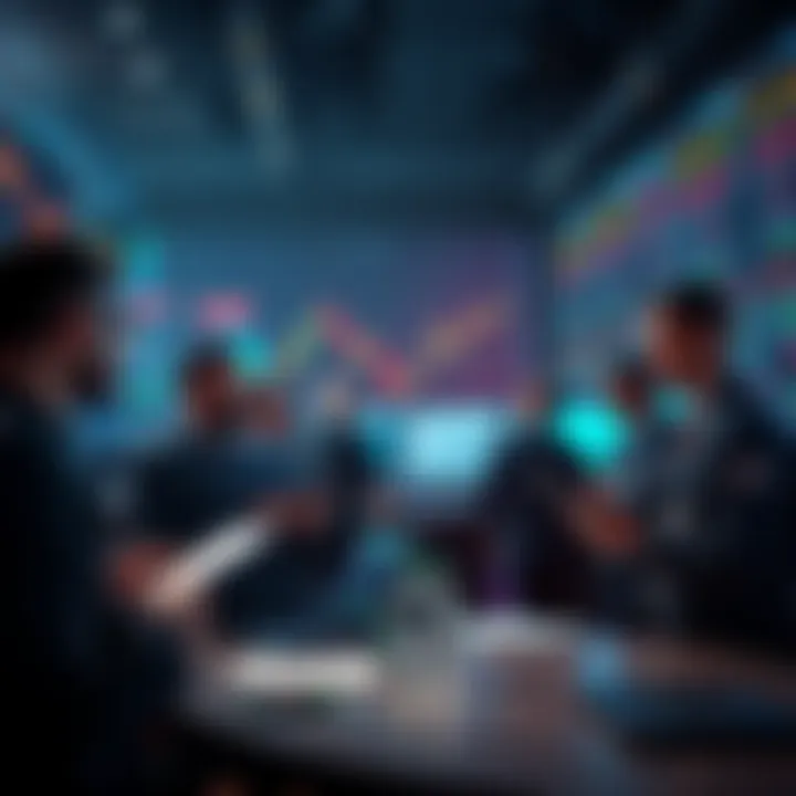 A group of traders discussing market forecasts for October, with charts and graphs in the background showing fluctuating prices