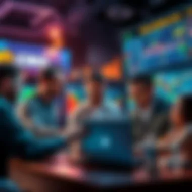 A group of traders engaging in lively discussions about potential price rise in $CRO, with charts and laptops in the background.