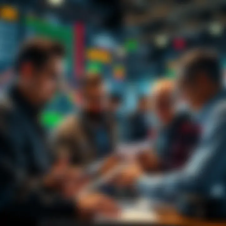 A group of traders looking at charts and discussing copy-trading strategies to improve their trading results.