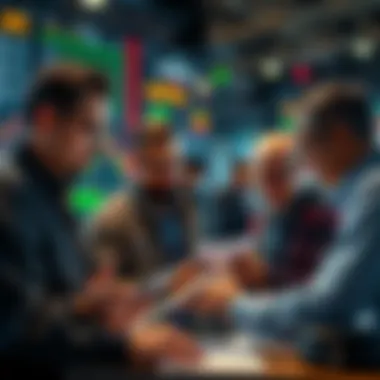 Traders discussing strategies A group of traders looking at charts and discussing copy-trading strategies to improve their trading results.