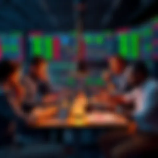 A group of traders sharing ideas and tips around a table with charts and laptops