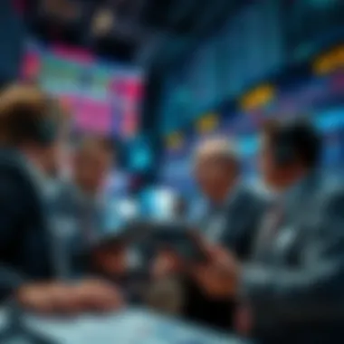 Traders discussing market stagnation in a busy trading environment with charts and graphs around them