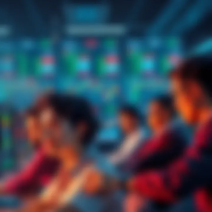 A group of traders looking frustrated while analyzing charts and data from different crypto exchanges on their computers