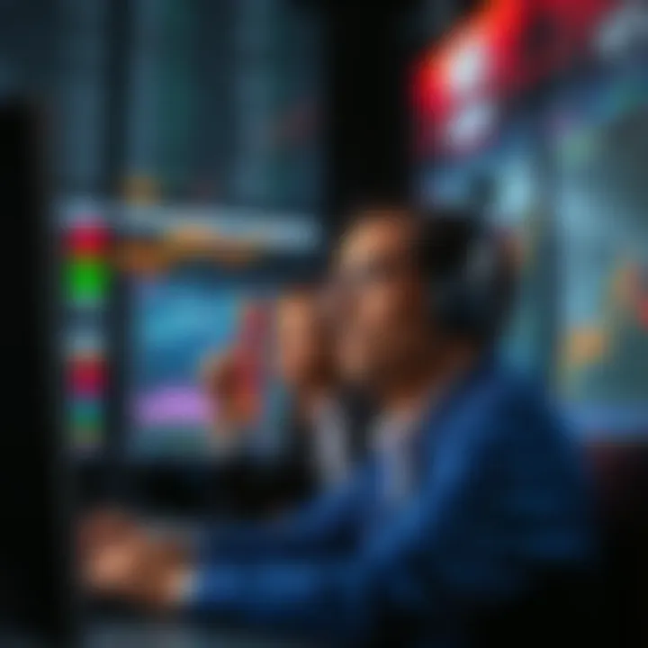 Traders looking at fluctuating charts on computer screens, showing signs of stress and confusion as they react to market movements.