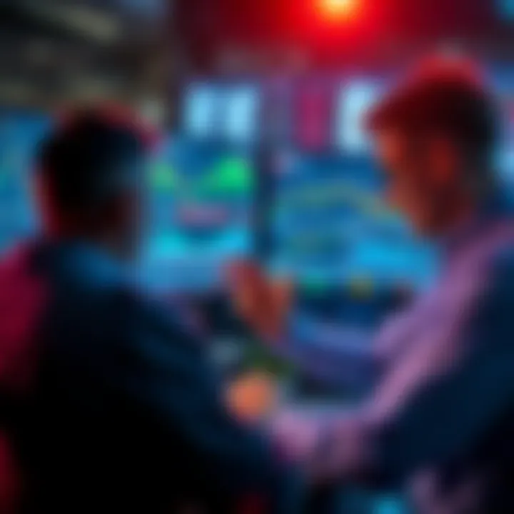 Traders analyzing charts Two traders examining financial charts with graphs and data on screens, focused on improving their trading strategies.