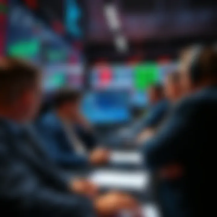A group of traders looking at screens displaying exchange data and charts, focused on reliability and performance indicators.