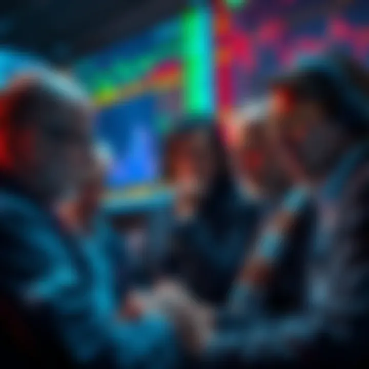 Group of traders looking at market charts, discussing trends and fluctuations, showing expressions of confusion and concern.