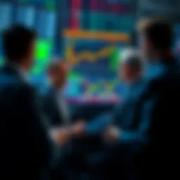 A group of traders looking at financial charts and screens, discussing strategies for making profits in trading.