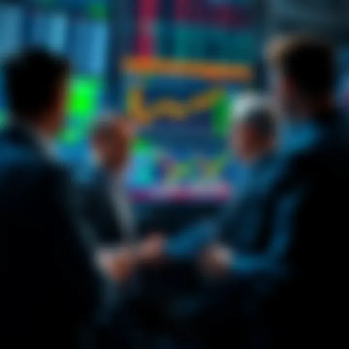 A group of traders looking at financial charts and screens, discussing strategies for making profits in trading.