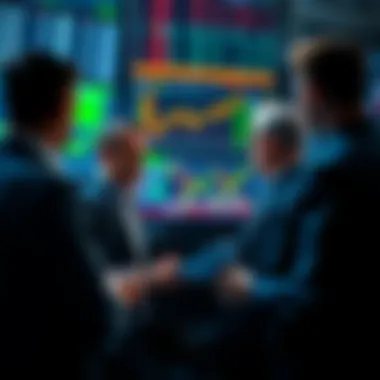Traders analyzing market charts A group of traders looking at financial charts and screens, discussing strategies for making profits in trading.