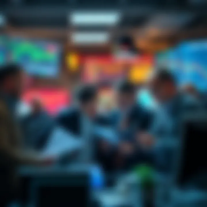 A group of traders examining market charts and discussing their trading strategies in a busy office setting.