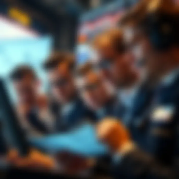 Group of traders looking at charts showing losses for longs and gains for shorts, with expressions of concern and determination.