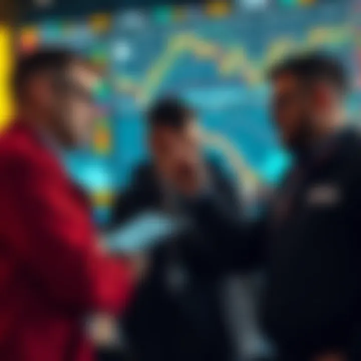 Group of traders discussing market trends with charts and graphs in the background