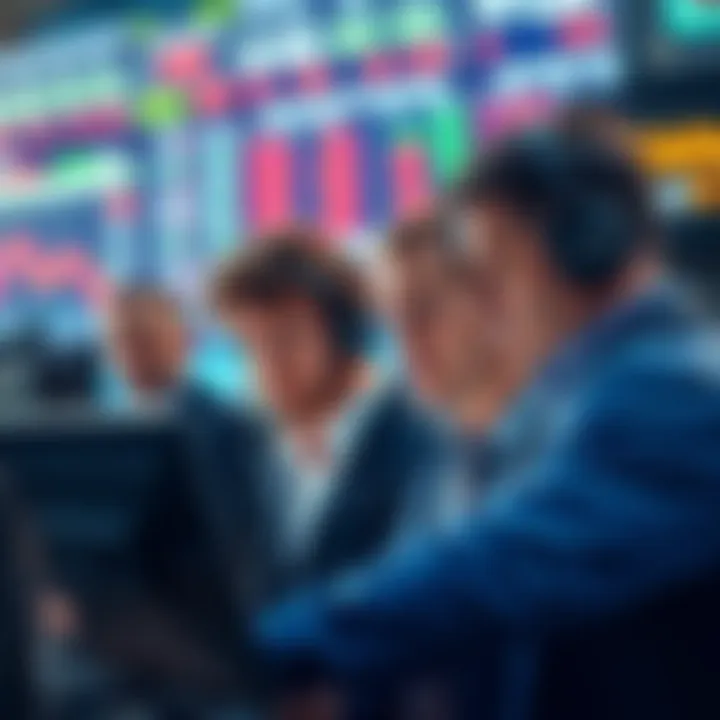 A group of traders looking at stock market charts and graphs, showing a range of emotions from concern to excitement.