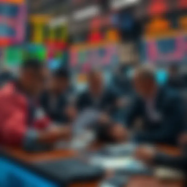 Traders Analyzing Stock Charts A group of traders gathered around a table, looking at stock charts and discussing strategies in a busy trading room.