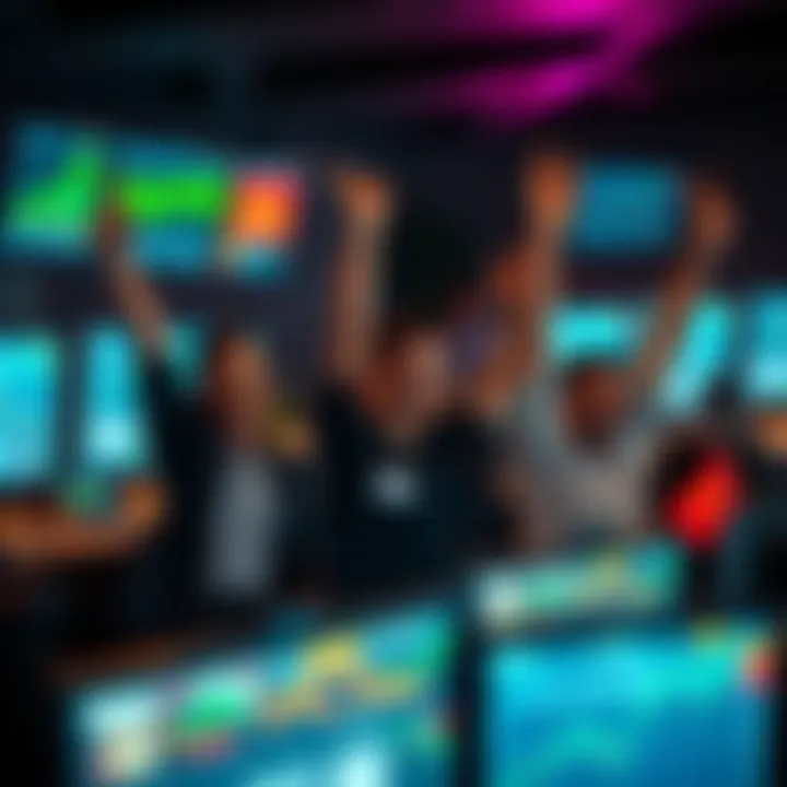 Traders Celebrating Market Gains Group of traders joyfully celebrating in an office with charts showing upward trends on screens