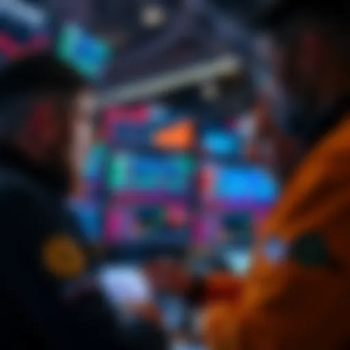 Traders evaluating perpetual protocols Three traders looking at screens displaying GMX, Vertex, and Gains trading platforms