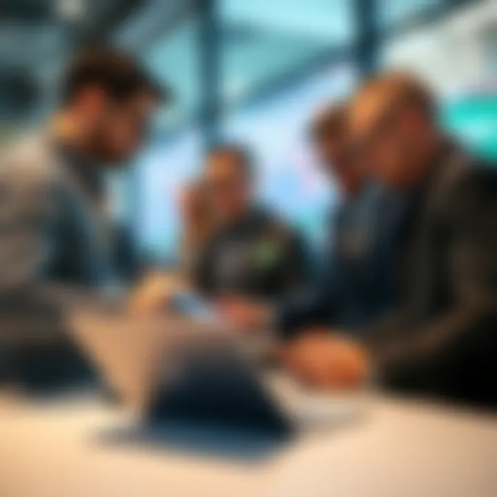 A group of traders discussing and evaluating different trading platforms on laptops and tablets in a modern office environment.