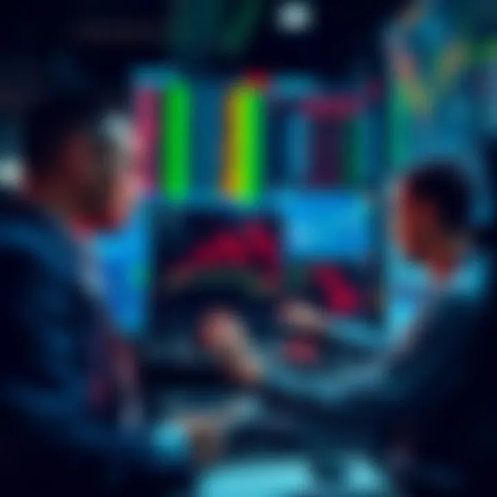 Traders analyzing charts and data in front of computer screens, focusing on market trends and core positions