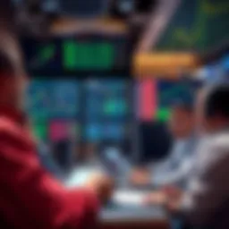 A group of traders discussing strategies with stock charts and financial data on screens around them, showing a focus on holding investments