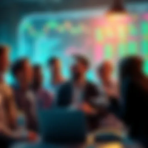 A group of traders laughing and sharing humorous quotes about their trading experiences in a lively setting.