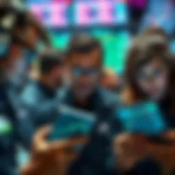 A group of concerned traders looking at financial charts showing losses on their devices