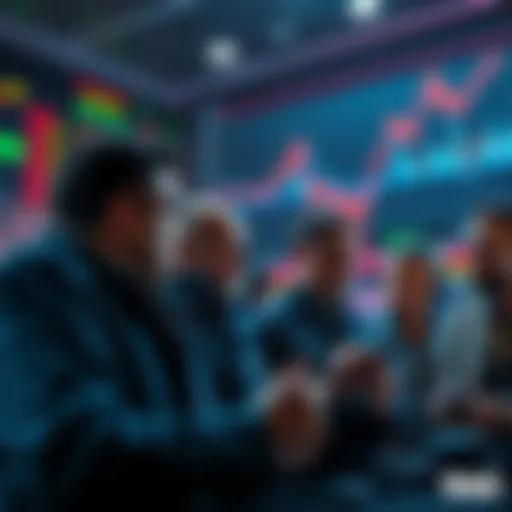A group of popular traders discussing stock prices, with graphs showing sharp rises and falls in the background, symbolizing pump and dump schemes.
