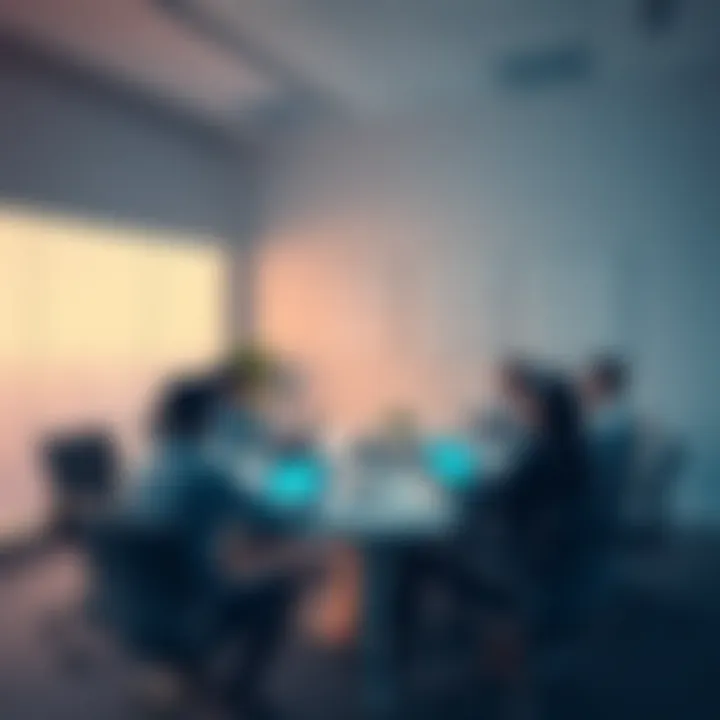A group of traders discussing rules and policies in a modern meeting room, with charts on the walls and laptops open on the table.