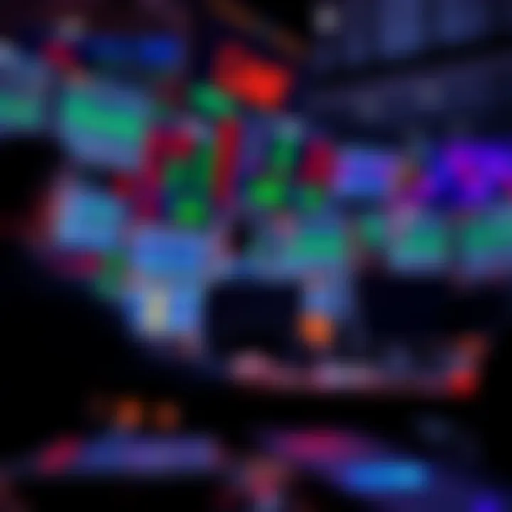 A group of traders looking at multiple screens displaying charts and trade alerts, focusing on resolving API lag issues, with trading bots in the background aiding execution.