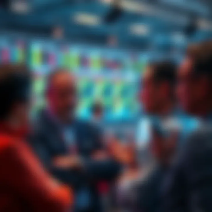 A group of traders engaged in a conversation about sharing their trading results, looking thoughtful and hesitant.