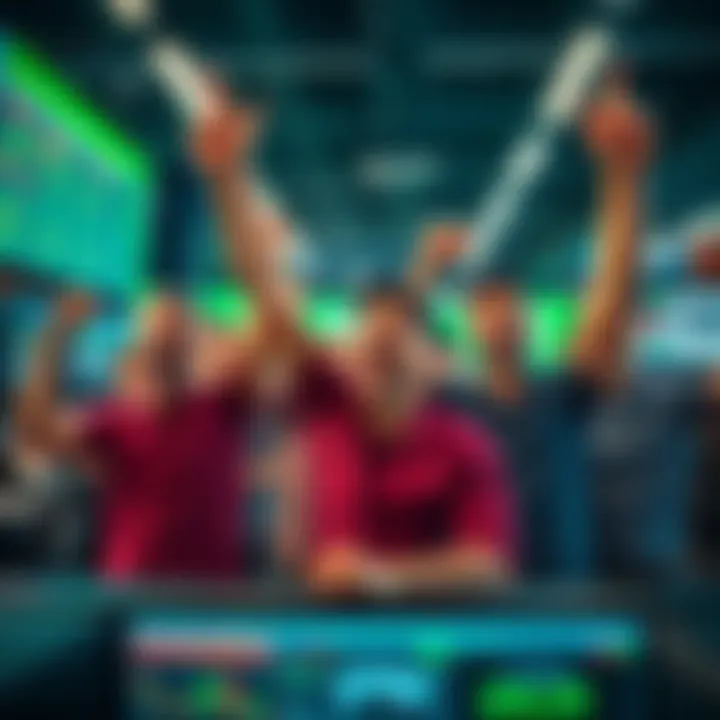 A group of traders looking happy and celebrating their profits in a vibrant trading environment