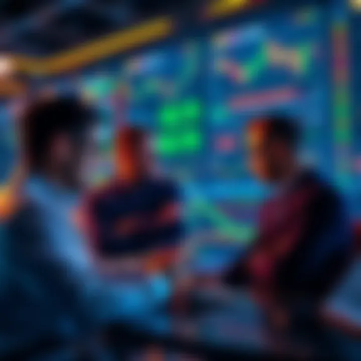 A group of traders analyzing charts and data on the BitMart trading platform with a focus on mid-cap assets and trading tools