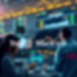 People engaged in trading activities on a digital platform, showcasing charts and rewards for daily trading.