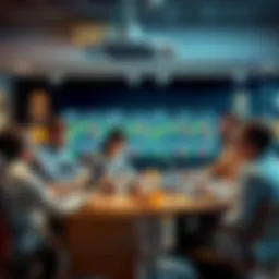 People engaged in a lively discussion about trading strategies at a round table with laptops and charts