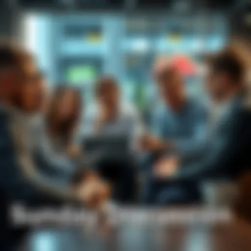 A group of people discussing trading strategies and sharing tips in a casual setting, with laptops and coffee cups around them.